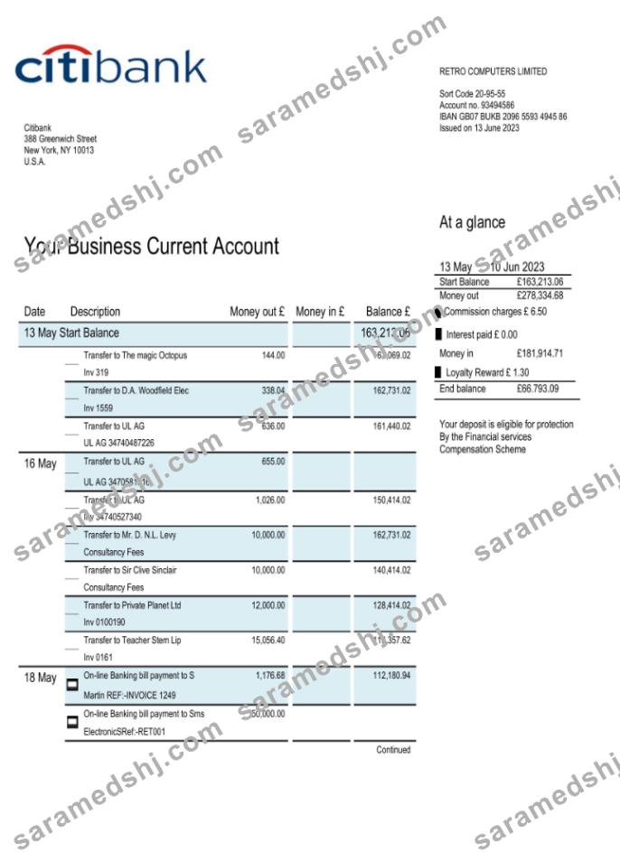 Citibank bank business account statement Word and PDF template